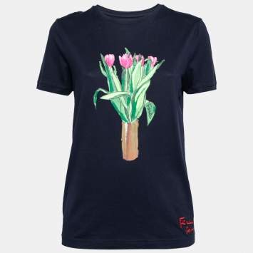 Pre Owned Fendi Navy Blue Cotton Bouquet Printed Short Sleeve T-Shirt S
