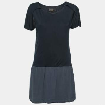 Pre Owned Fendi Navy Blue Jersey & Silk Cut-Out Sleeve Detailed Dress S