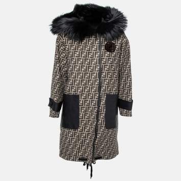 Pre Owned Fendi Black and Brown Logo Print Wool Fur Trim Coat XS