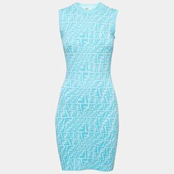 Pre Owned Fendi Blue and White FF Fish Eye Motif Knit Dress S