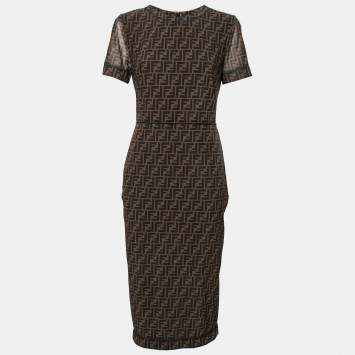 Pre Owned Fendi Brown Zucca Monogram Mesh Sheath Dress M