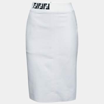 Pre Owned Fendi White Denim Rib Knit Trimmed Knee Length Skirt S