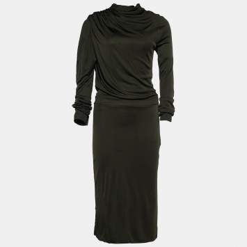 Pre Owned Fendi Dark Green Jersey Asymmetric Shoulder Midi Dress M