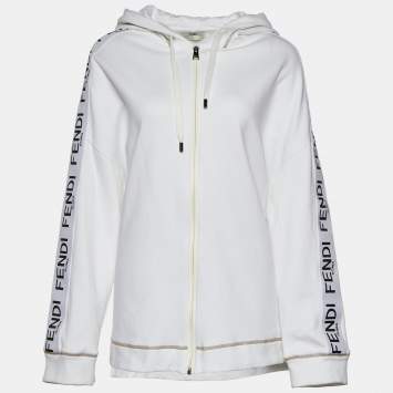 Pre Owned Fendi White Cotton Logo Detail Zip Up Hoodie L