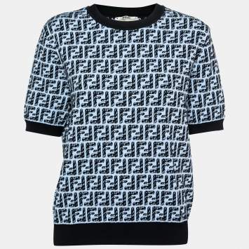 Pre Owned Fendi Blue Embroidered Logo Pattern Knit Short Sleeve Top L 