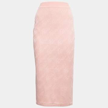 Pre Owned Fendi Pink Logo Jacquard Knit Midi Skirt S