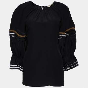 Pre Owned Fendi Black Silk Ruffled Sleeve Blouse M