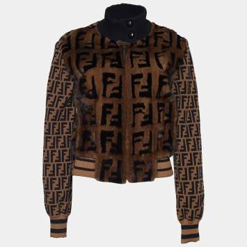 Pre Owned Fendi Brown Logo Monogram Knit Mink Detail Bomber Jacket S