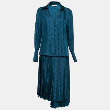 Pre Owned Fendi Dark Blue Karligraphy Print Silk Midi Skirt & Top Set M