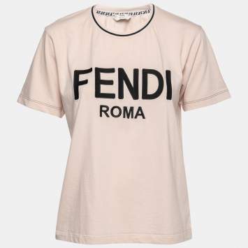 Pre Owned Fendi Pink Logo-Embroidered Cotton Crewneck T-Shirt L