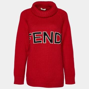 Pre Owned Fendi Red Intarsia Logo Fleece Wool Turtle Neck Sweater S