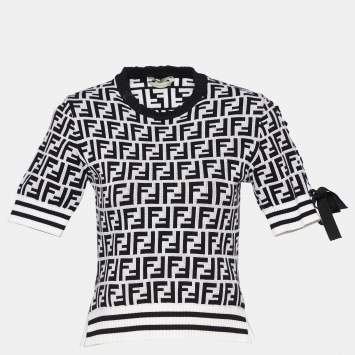 Pre Owned Fendi Monochrome Logomania Intarsia Knit Round Neck Top S