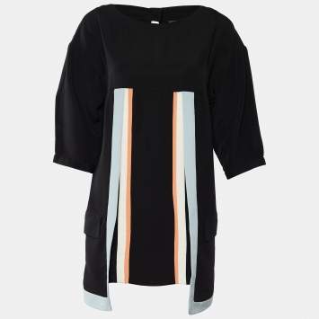 Pre Owned Fendi Black Silk Crepe Stripe Paneled Tunic S
