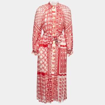 Pre Owned Fendi Red Geometric Printed Silk Belted Maxi Dress S