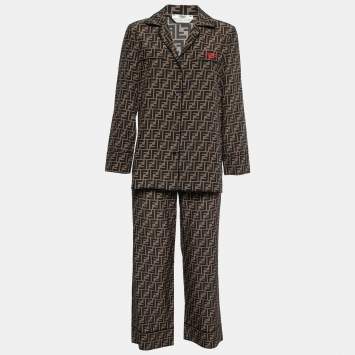 Pre Owned Fendi Brown Zucca Print Silk Pajama Top & Pants Set XS
