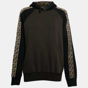 Pre Owned Fendi Black & Brown Cotton Band Logo Trim Hoodie L