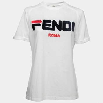 Pre Owned Fendi White Cotton Flocked Logo Short Sleeve T-Shirt XS