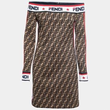 Pre Owned Fendi Brown Zucca Jacquard Knit Logo Tape Trimmed Off-Shoulder Dress M