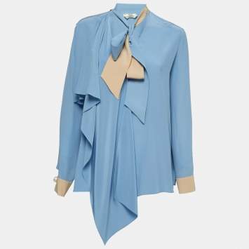 Pre Owned Fendi Light Blue Silk Neck-Tie Ruffled Blouse S