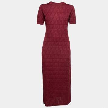 Pre Owned Fendi Burgundy FF Intarsia Knit Midi Dress M