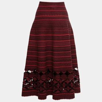 Pre Owned Fendi Red & Black Patterned Wool Midi Skirt S
