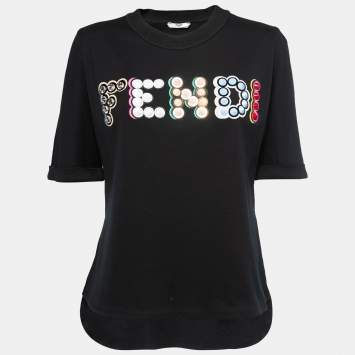 Pre Owned Fendi Black Cotton Logo Embellished Crewneck T-Shirt M