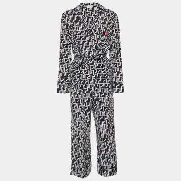Pre Owned Fendi Monochrome Zucca Monogram Silk Belted Jumpsuit S