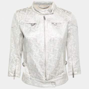 Pre Owned Fendi Vintage Metallic Jacquard Zucca Monogram Zip-Up Jacket S