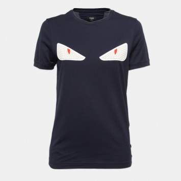 Pre Owned Fendi Navy Blue Monster Eye Embellished Cotton Knit T-Shirt M
