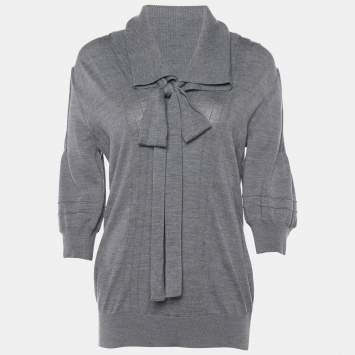 Pre Owned Fendi Grey Wool Neck Tie Detail Pullover L