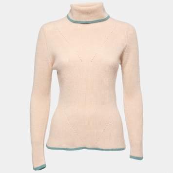 Pre Owned Fendi Beige Cashmere Pointelle Stitch Turtle Neck Rib Sweater S