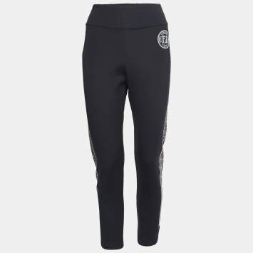 Pre Owned Fendi Black Jersey Logo Pattern Printed Leggings L