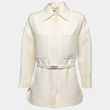 Pre Owned Fendi Cream Wool & Silk Belted Leather Pocket Jacket S