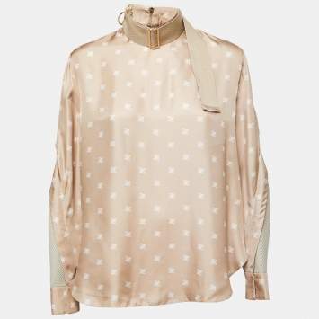 Pre Owned Fendi Beige Calligraphy Print Belted Collar Detail Blouse S