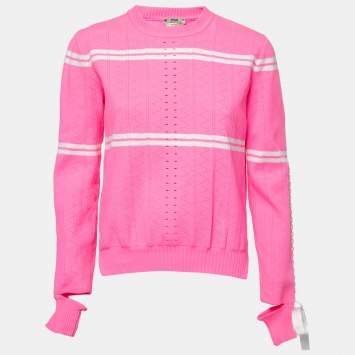 Pre Owned Fendi Neon Pink Striped Knit Ribbon Detail Jumper M