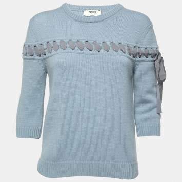 Pre Owned Fendi Light Blue Cashmere Ribbon Detail Pullover M