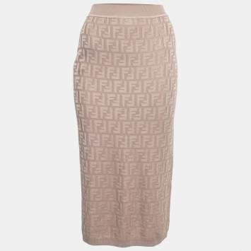 Pre Owned Fendi Blush Pink FF Logo Knit Midi Skirt S