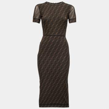 Pre Owned Fendi Brown Zucca Monogram Mesh Midi Dress S