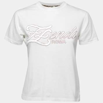 Pre Owned Fendi White Cotton Logo Embroidered Short Sleeve T-Shirt XS