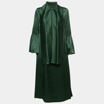 Pre Owned Fendi Green Geometric Patterned Silk Tie Neck Pleated Midi Dress S