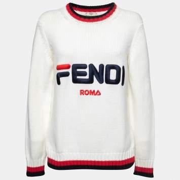 Pre Owned Fendi White Cotton Knit Embroidered Logo Sweater S