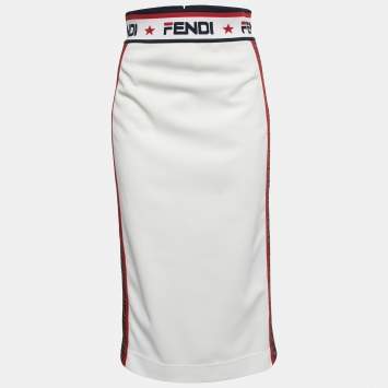 Pre Owned Fendi White Jersey Zucca Motif Stripe Detail Midi Pencil Skirt M