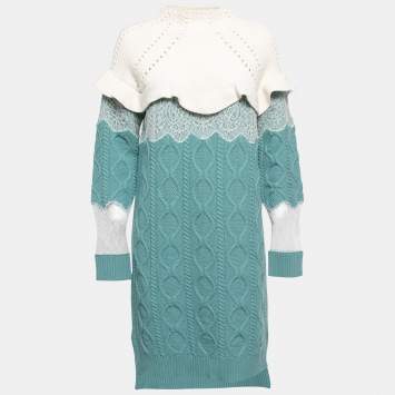 Pre Owned Fendi Green Wool Blend Cable Knit Lace Trim Ruffled Sweater Dress S