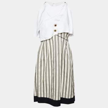 Pre Owned Fendi Cream & Green Striped Cotton Silk Overlay Detail Mini Dress S