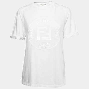 Pre Owned Fendi White Cotton Sequined Logo Fringed T-Shirt S