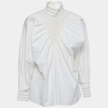 Pre Owned Fendi White Cotton Lace Trim Detail Oversized Top M