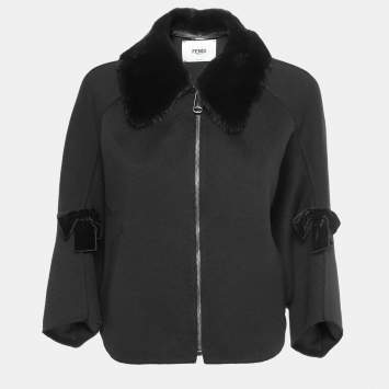 Pre Owned Fendi Black Wool and Mink Fur Zip Front Cropped Jacket S