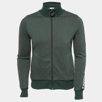 Pre Owned Fendi  Dark Green Cotton Knit Logo Band Detail Zip-Up Jacket M