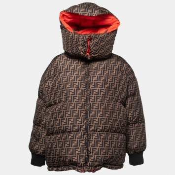 Pre Owned Fendi Orange/Brown Zucca Monogram Quilted Synthetic Reversible Down Jacket S