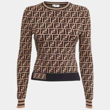 Pre Owned Fendi Brown Zucca Monogram Knit Sweatshirt S